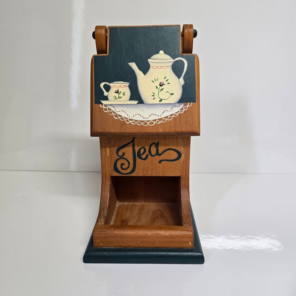 Vintage Hand‎ Painted Wooden Tea Bag Holder Countertop Cottage Country Decor